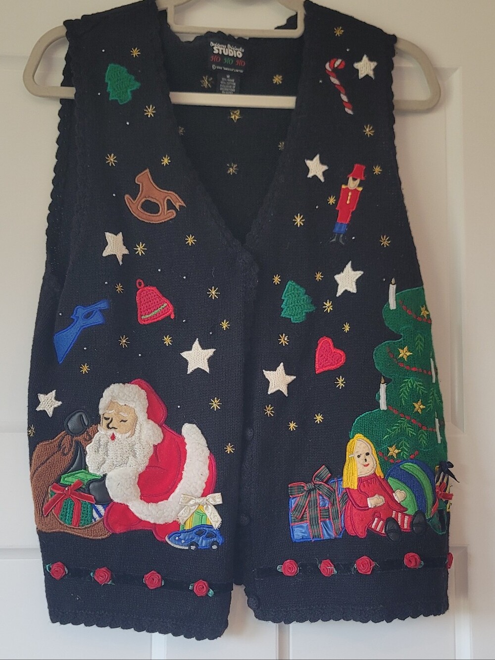 Vintage Black Holiday Sweater Vest with Santa, Tree & Gifts